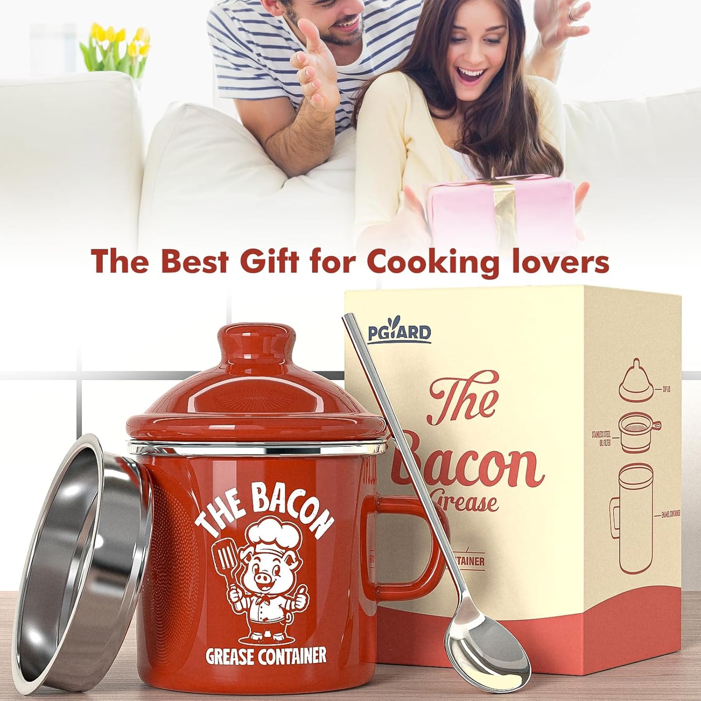 Mini Bacon Grease Saver with Strainer - 15OZ Enamel Grease Container, Farmhouse Bacon Grease Keeper for Kitchen Fat Storage, Dishwasher Safe-Red