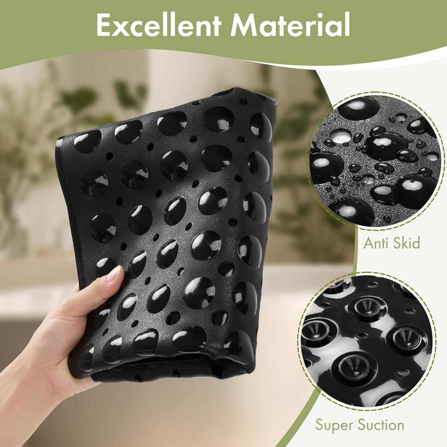 Shower Mat Non Slip 40 X 16 Inches, Shower Stall Mats with Suction Cups and Drain Holes, Non Slip Bath Mat for Tub for Elderly & Kids, Clear Black