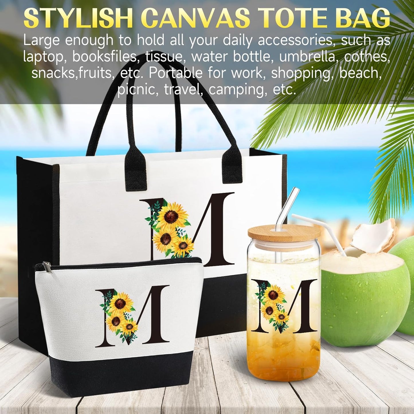 Personalized Gifts for Women, Monogrammed Gifts for Women, Initial Monogram Gift Sunflower Birthday Gift for Mom Sister Best Friends - Monogrammed Canvas Tote Bag & Makeup Bag & Glass Cup M