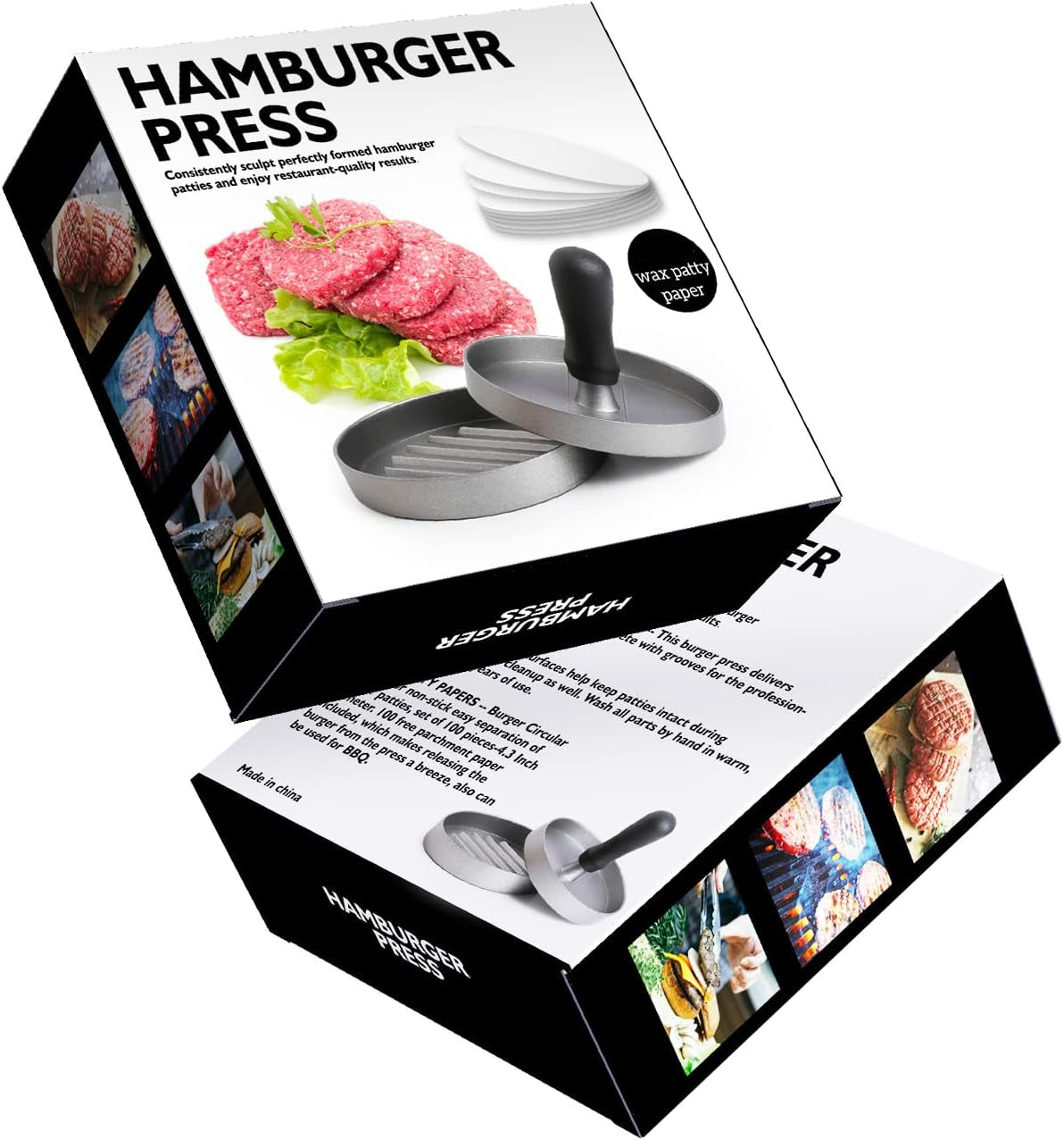 Burger Press 150 Patty Papers, Non-Stick Hamburger Patty Maker with Wax Paper, Aluminum Burger Maker for Kitchen BBQ Grill