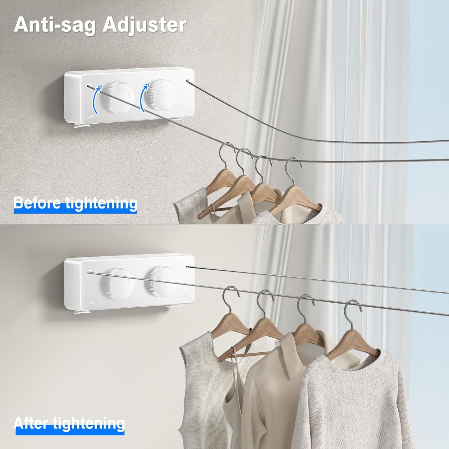 Retractable Clothesline Indoor, Non-Sagging Twin Clothes Line Retracting Outdoor Heavy Duty Clothes Drying Laundry Line Wall Mounted Stainless Steel Double Line-13.8 Ft(White)