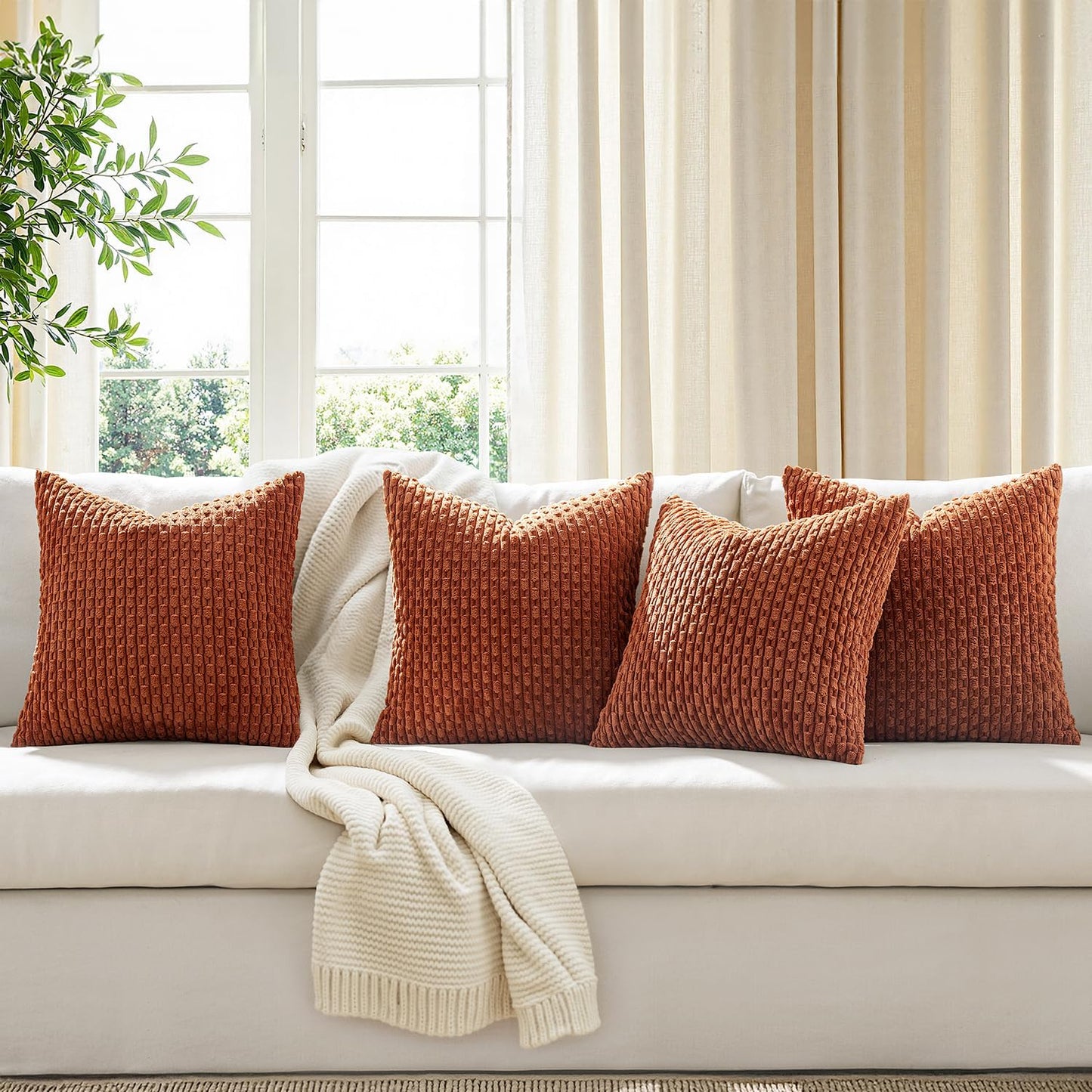 Fall Throw Pillow Covers Soft Couch Decorative Set of 4 Boho Striped Cushion Covers Corduroy Pillowcases Farmhouse Home Decor for Couch Bed Sofa Living Room 18X18 Inch Burnt Orange