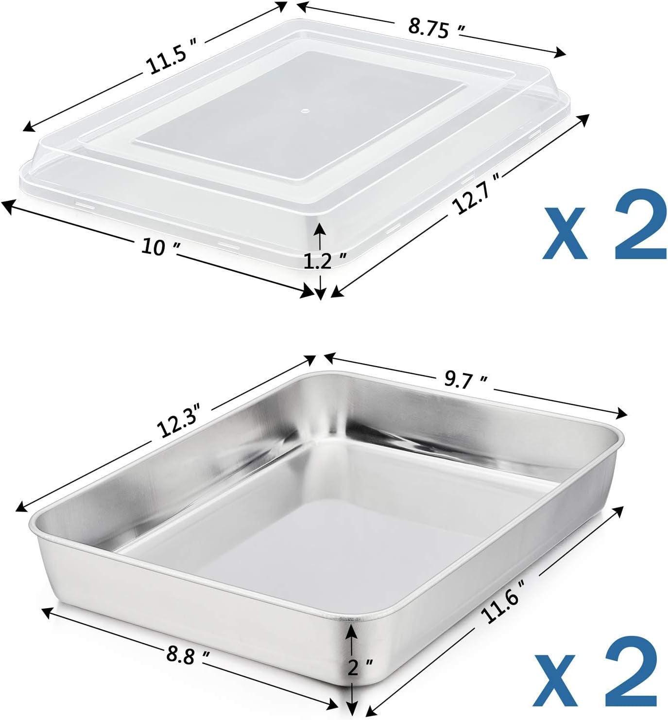 Stainless Steel Baking Pan with Lid, Rectangular Cake Pans, Sheet Pan Bakeware for Baking Lasagna Brownies, 2-Inch Deep Side & Heavy Duty, Easy to Store & Clean (12.3", 4Pcs)