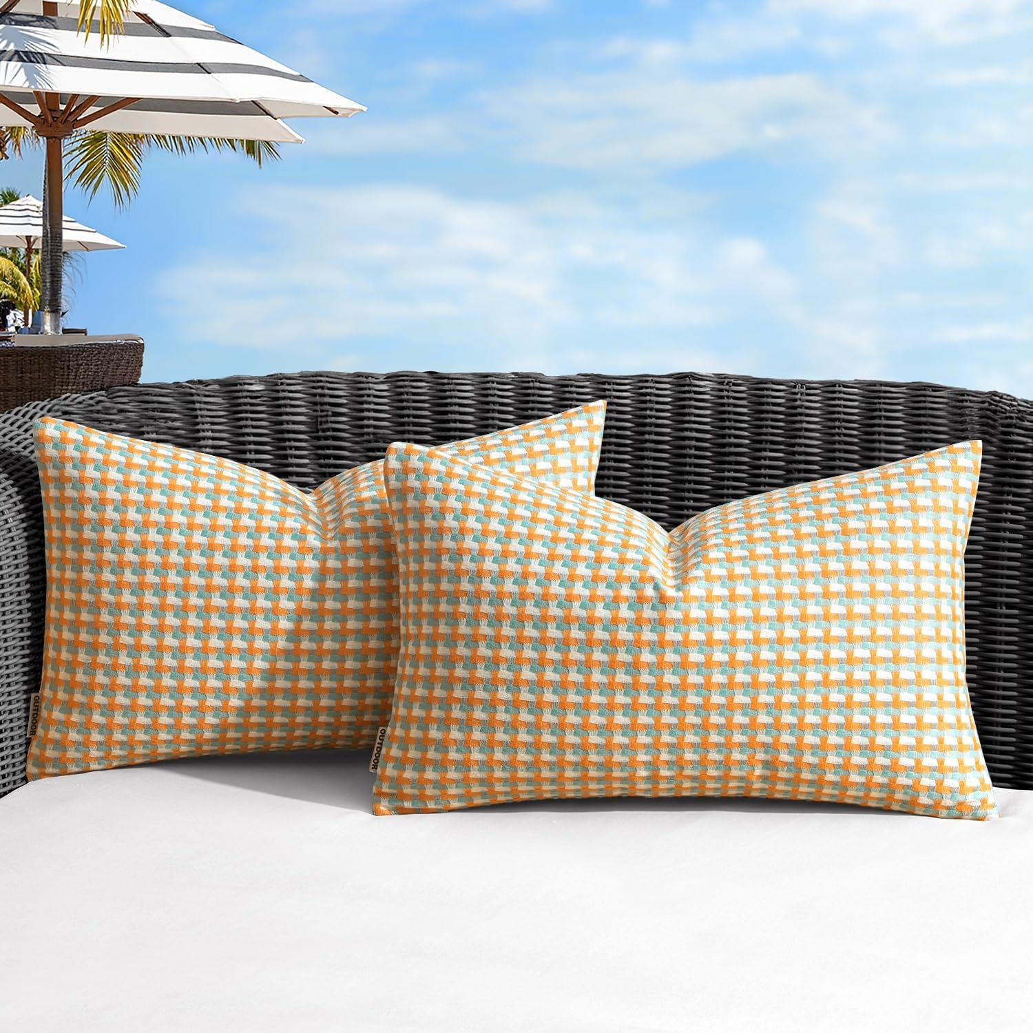 Pack of 2 Outdoor Throw Pillow Covers Decorative Farmhouse Square Waterproof Pillows for Tent Patio Garden Balcony Sofa, 12X20 Inch Orange Green