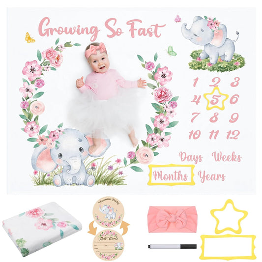 Baby Milestone Blanket Monthly Milestone Blankets for Baby Girls Newborn Baby Blankets Photography Background Fleece Blankets with Wooden Signs, Frames, Bow Headband 50X39 Inches