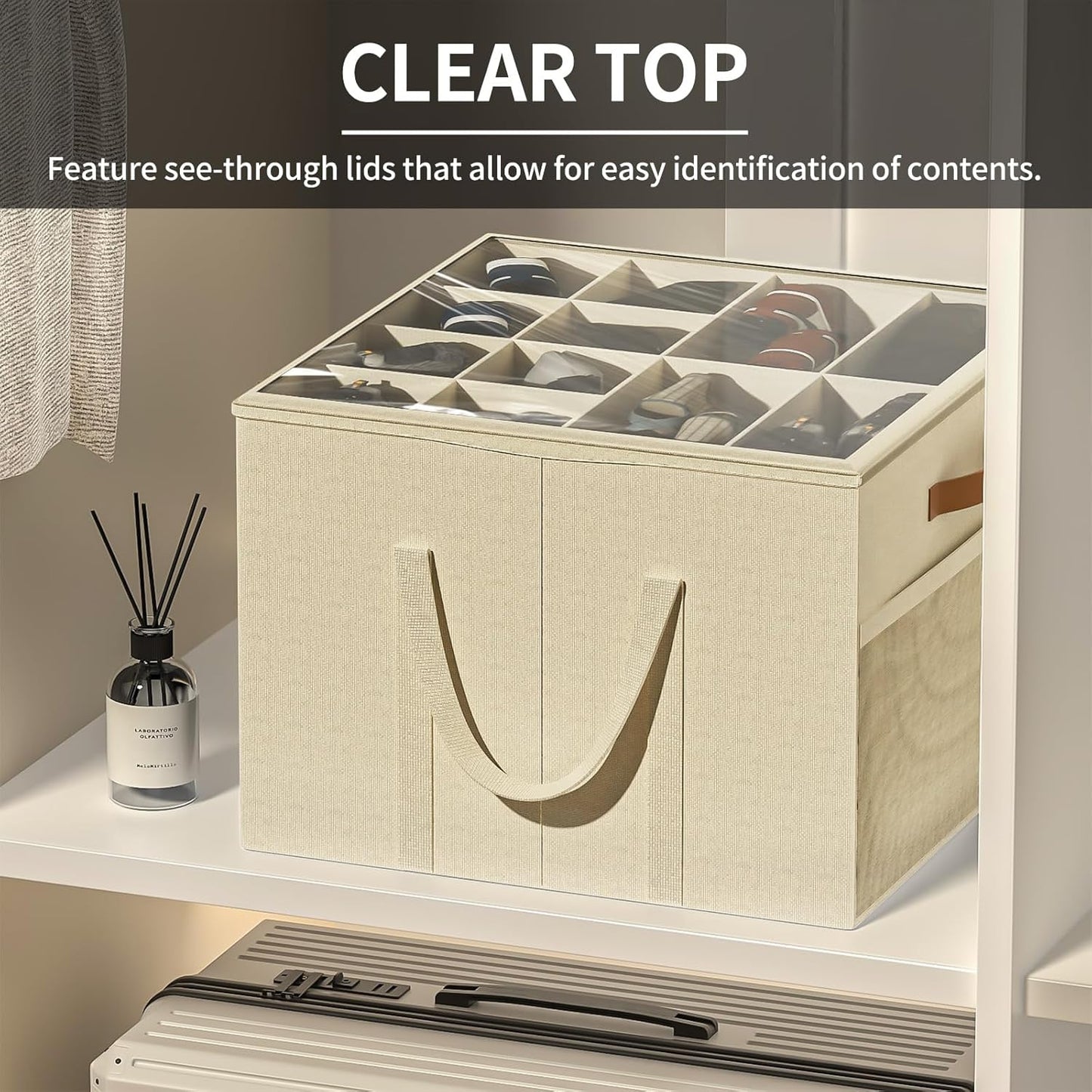 Shoe Storage Organizer for Closet, Large Shoe Box Storage Containers with Clear Cover and Reinforced Handles, Foldable Shoe Storage Organizer Box Bin, Fits to 12-16 Pairs, 2 Pack (Beige)