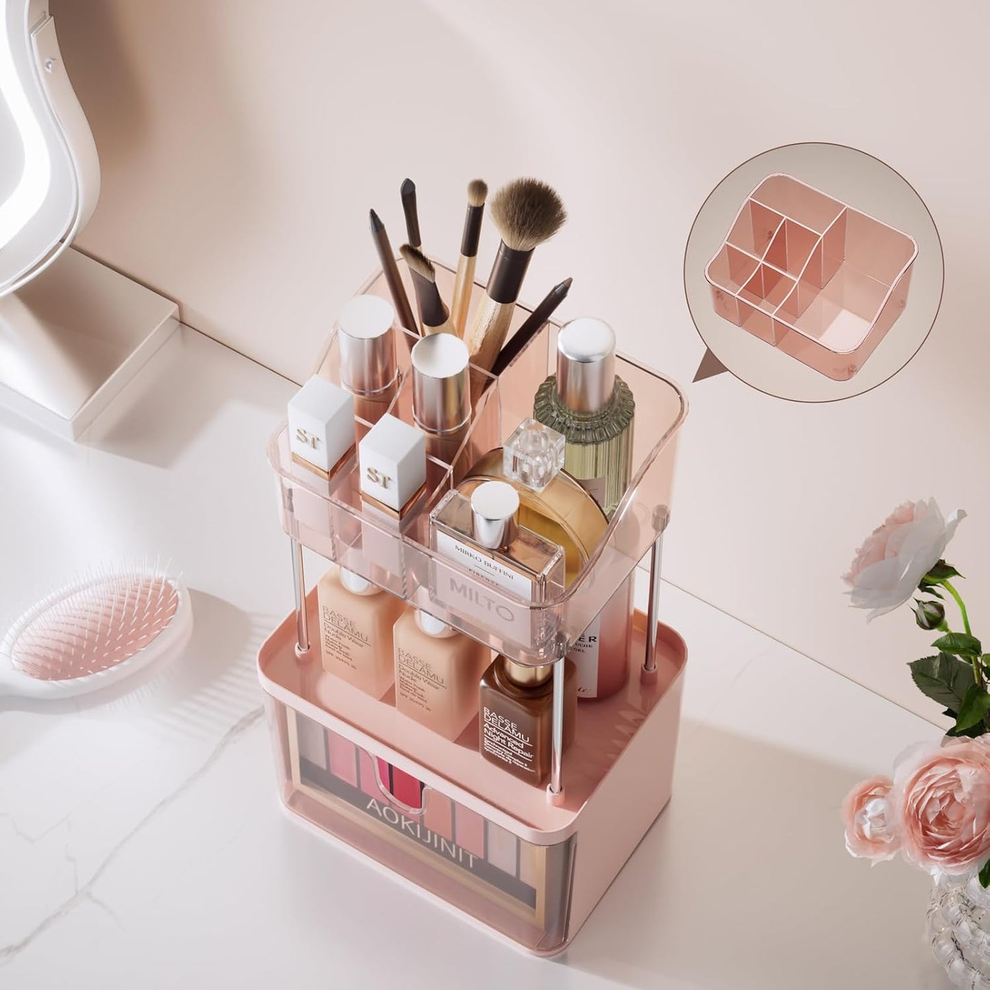 Makeup Organizer Countertop, 3-Tier Vanity Organizer with Large Drawers and Top 6-Grid Section, Suitable for Bathroom Counter, Dresser, Storage for Cosmetics, Skincare, Perfume, Lipstick, Pink