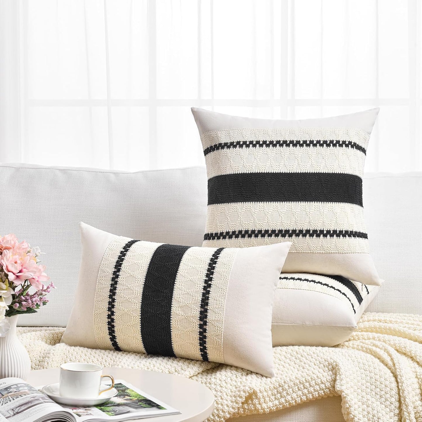 Set of 2 Boho Black Decorative Throw Pillow Cover 18X18 Inch for Couch Bed Sofa, Aesthetic Modern Organic Farmhouse Home Decor, Soft Cotton Cute Accent Macrame Woven Cushion Case