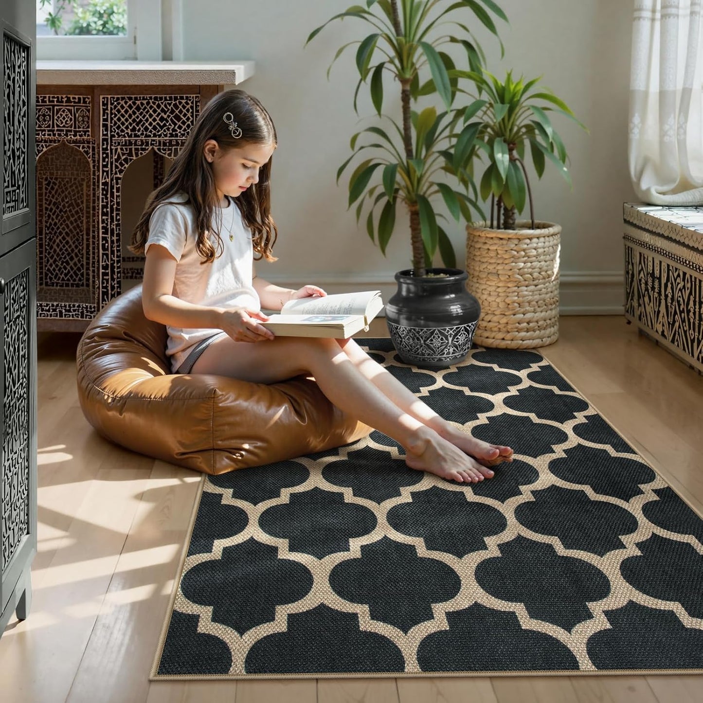 Moroccan Easy Jute Outdoor Entryway Rug, 3X5 Black Washable Front Porch Rugs for Balcony Bedroom, Farmhouse Trellis Neutral Thin Non Slip Small Carpet for Indoor Living Room Backyard Entrance