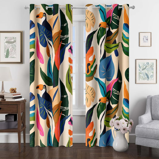Colorful Tropical Plant Curtains Abstract Palm Leaf Window Treatments 84 Inch Long Decor Boho Jungle Toucan Birds Grommet Room Darkening Curtain for Kids Bedroom, Living Room, Art Gallery