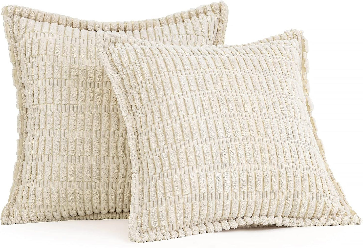 Cream White Corduroy Decorative Throw Pillow Covers Pack of 2 Soft Striped Pillows Pillowcases with Broad Edge Modern Winter Cute Boho Home Decor for Couch Sofa Bed 18X18 Inch
