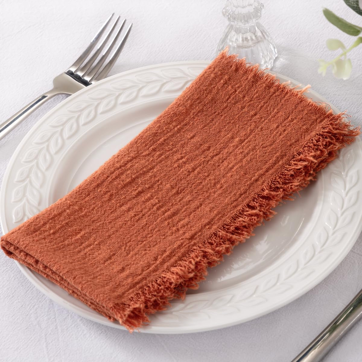 Set of 6 Linen Napkins Terracotta Easter Spring Cloth Napkins Washable Cotton Dinner Napkins Fringe 17"X17" for Wedding Party Bridal Baby Shower Birthday Table Decorations