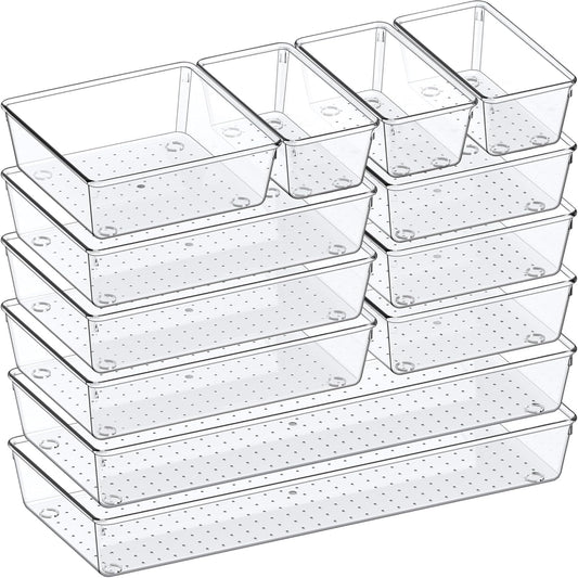 Drawer Organizer, 12 Pack Clear Plastic Kitchen Drawer Organizers Set,4-Size Versatile Bathroom and Vanity Organizer Trays,Storage Bins for Makeup, Bathroom, Jewelries and Office