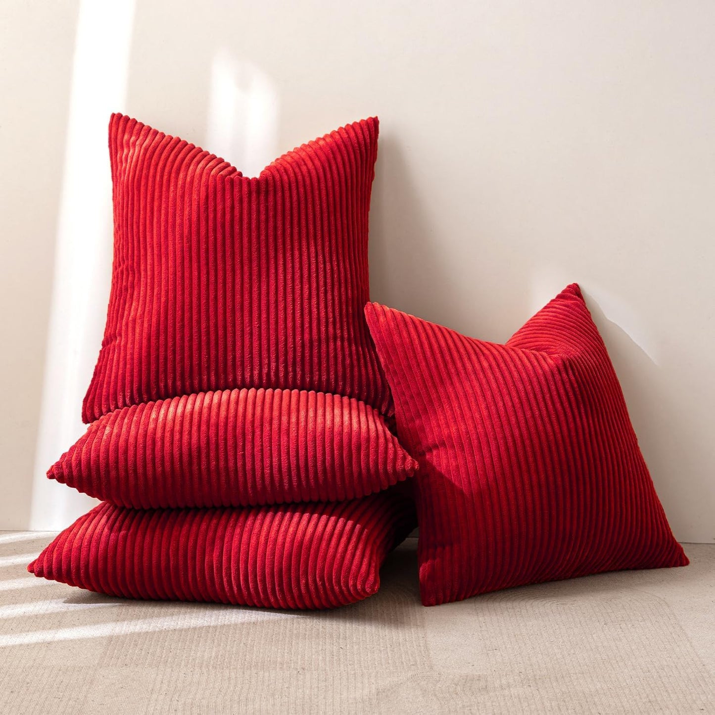 Boho Farmhouse Throw Pillow Covers 18X18 Inch Set of 4 Mordern Nordic Cushion Covers Soft Corduroy Home Decor for Couch Bed Sofa Living Room Christmas Red