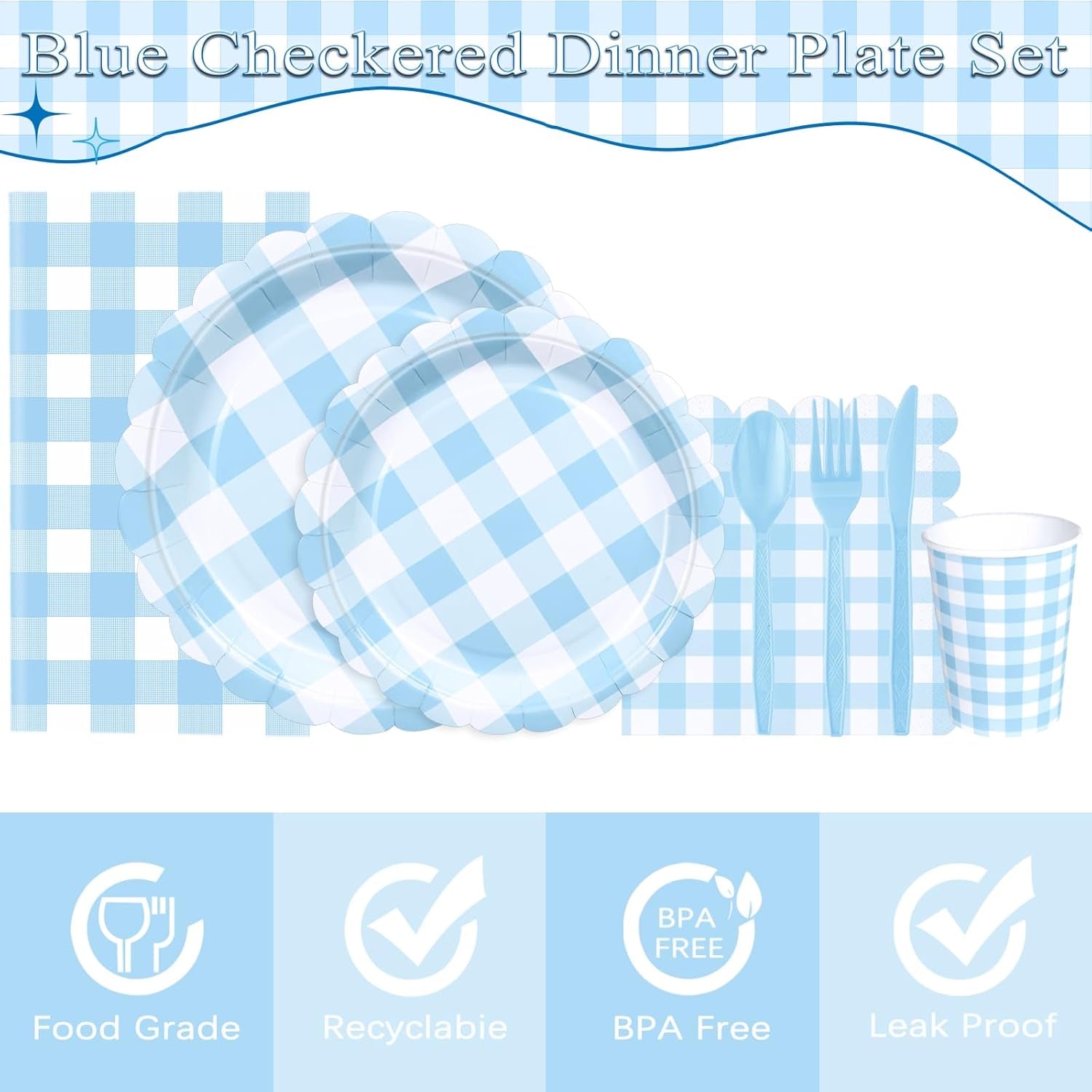 176 PCS Light Blue Gingham Plates and Napkins, Blue Checkered Disposable Plates Set with Napkins Cups Plastic Spoons Forks Knives for Dinner Birthday Baby Shower Wedding Supplies Serve 25 Guests