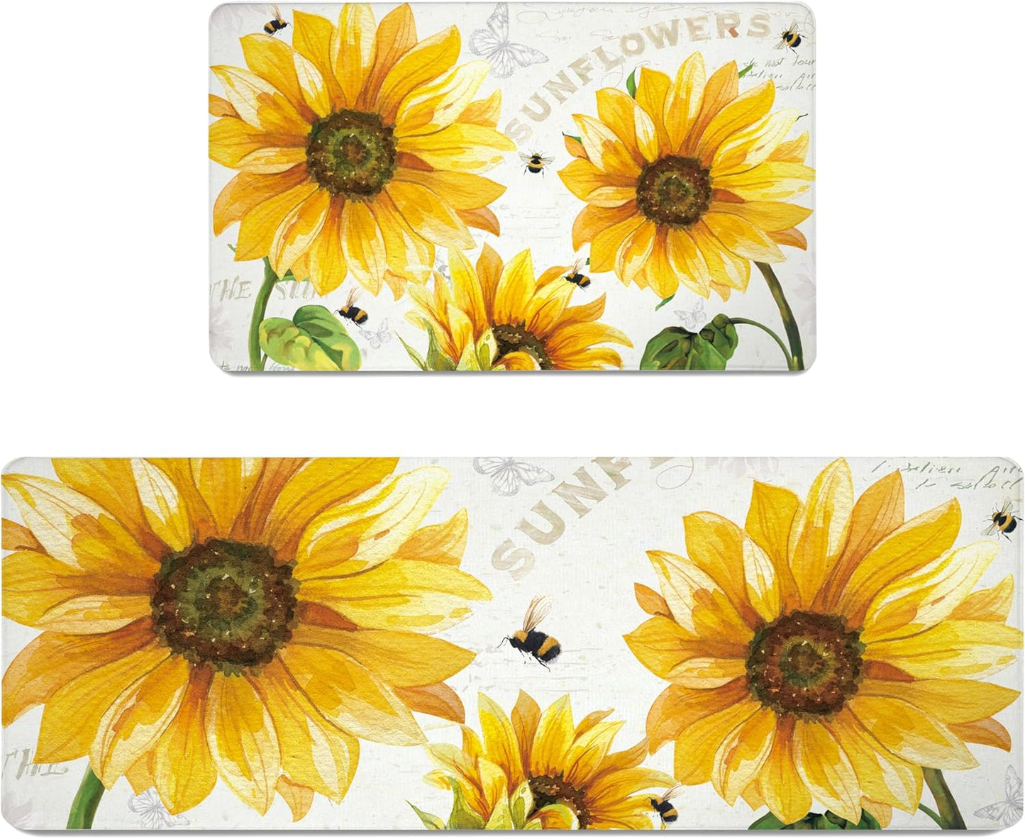 Vintage Yellow Sunflower Kitchen Rugs Mats Set of 2 Non-Slip Anti-Fatigue Kitchen Floor Mat Classic Farmhouse Blooming Sunflowers 0.4 Inch Thick Kitchen Mat for Kitchen, 17.3X28+17.3X47 Inch