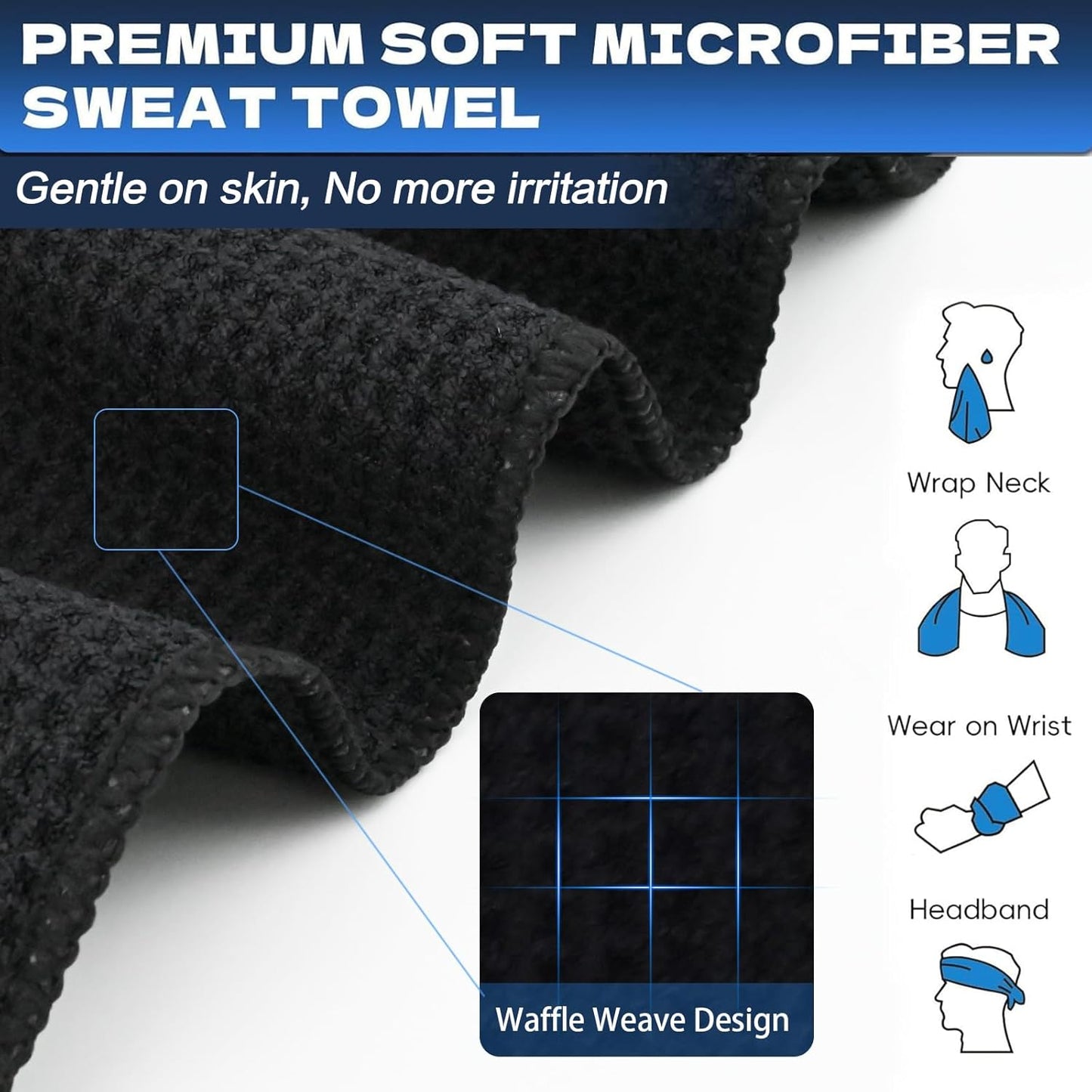 Microfiber Gym Towels for Working Out, Quickly Dry Yoga Towels for Men & Women Tennis, 16 Inch X 27 Inch, 6 Pack, Black