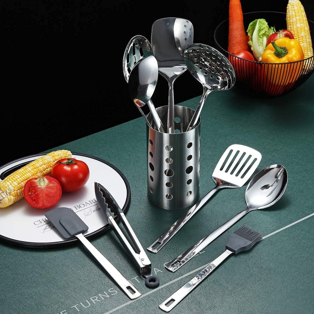 Professional Stainless Steel 13-Piece Cooking Utensils Set with Non-Stick, Heat Resistant Features and Dishwasher Safe Design, Includes Utensil Holder