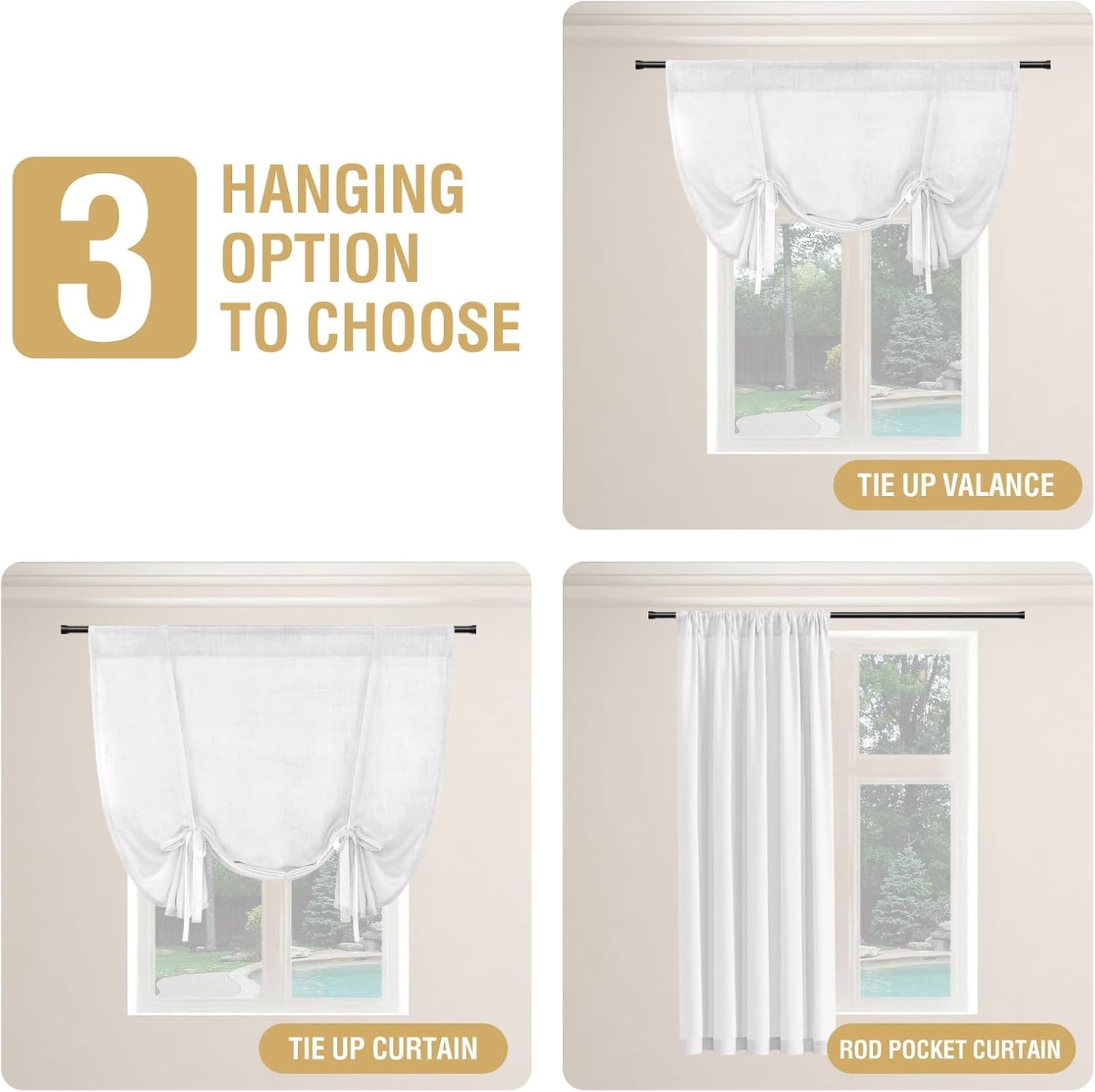 Tie up Linen Curtains 63 Inch Length Nature Linen Textured Privacy Curtain Multi Hanging Ways Shade Balloon Window Shade Rod Pocket Casual Curtain - 42X63 - White