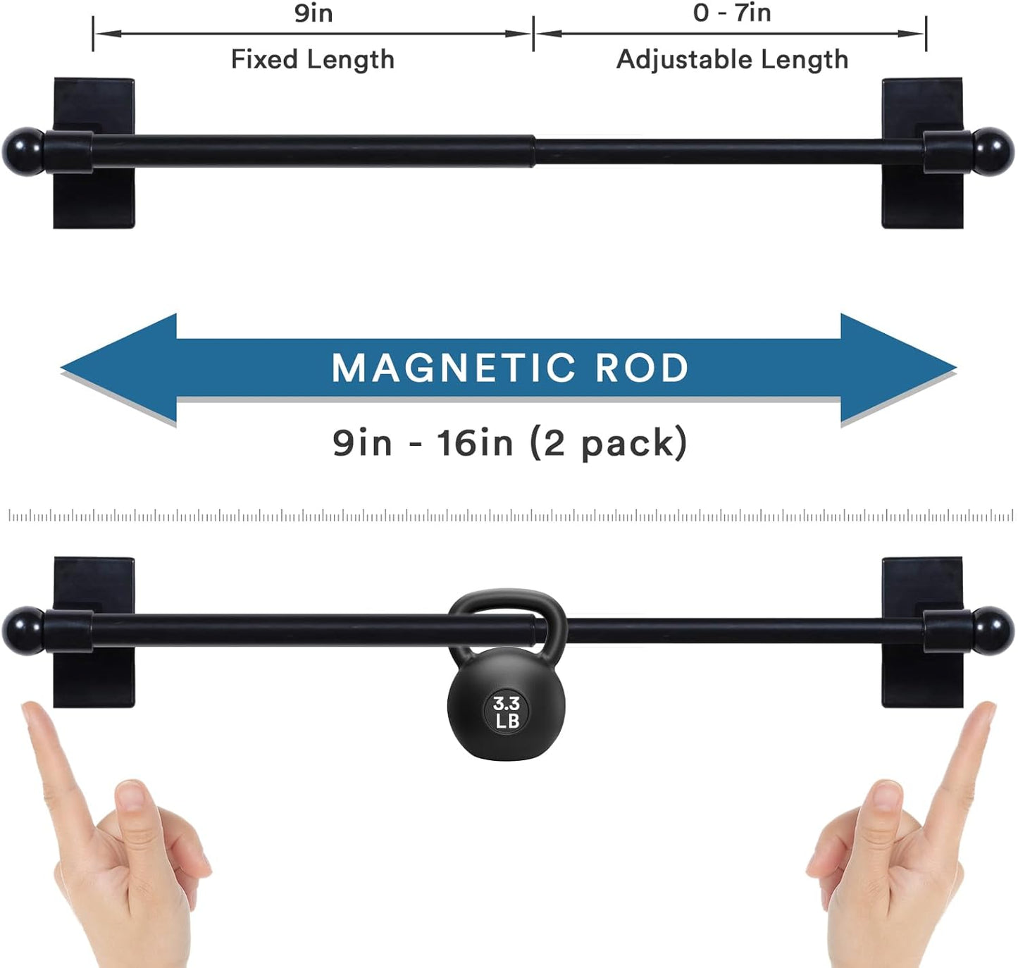 2 PACK Magnetic Curtain Rods for Metal Doors Top and Bottom Multi-Use Adjustable Appliances for Iron and Steel Place, Petite Ball Ends, 9 to 16 Inch, 1/2 Inch Diameter, Black