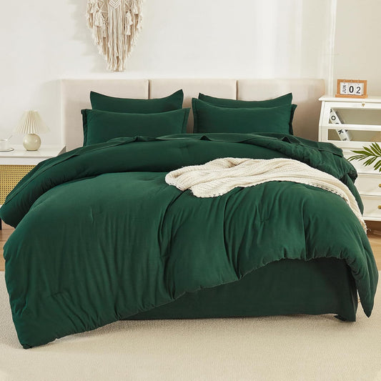 King Size Comforter Set Dark Emerald Green - 7 Pieces Bed in a Bag King Bedding Comforter Sets, Solid Lightweight Bed Set with Comforter, Sheets, Pillowcases & Shams