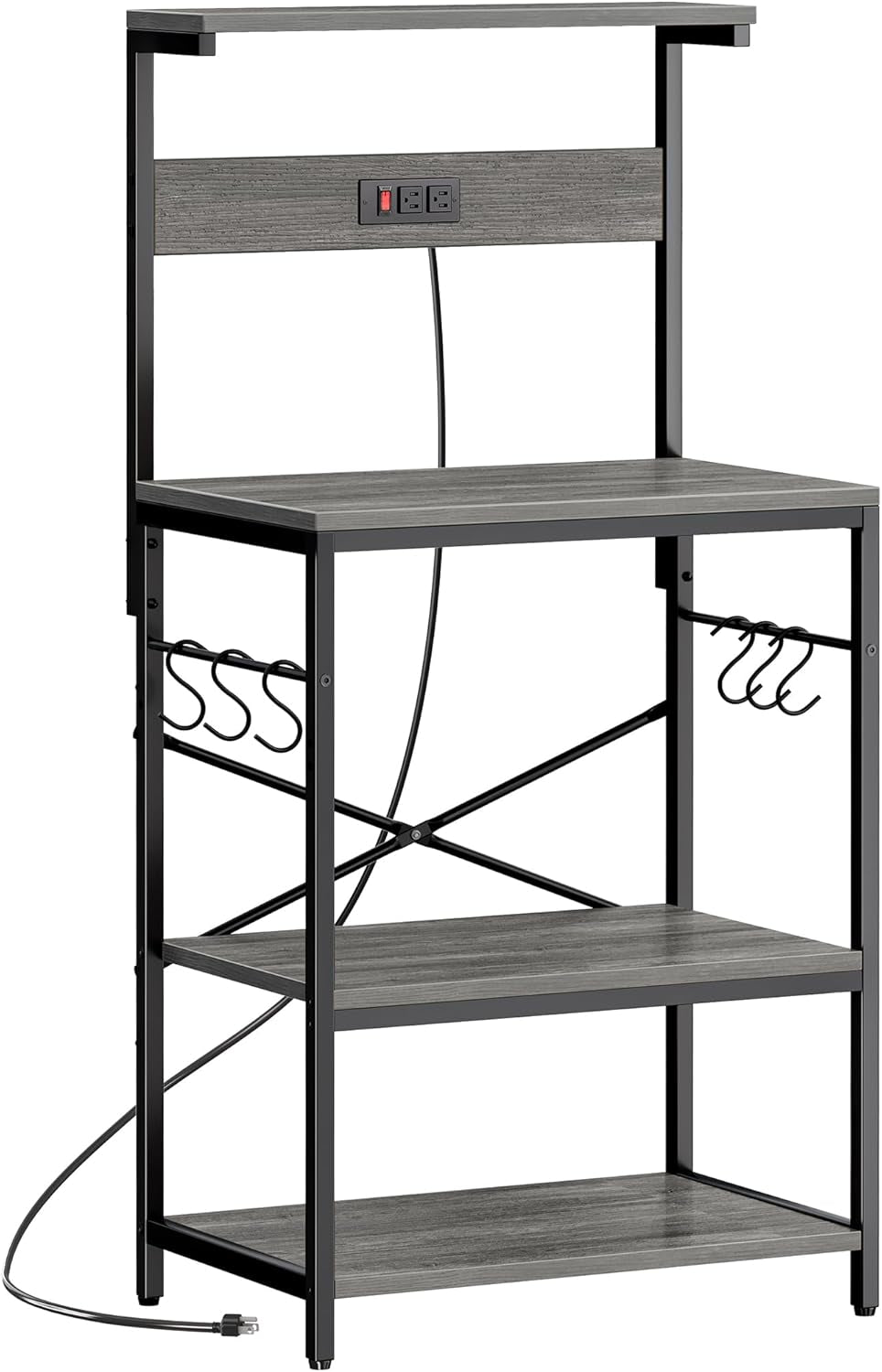 Professional Kitchen Bakers Rack with Power Outlet, 4-Tier Coffee Bar Table, Microwave Stand with 6 S-Shaped Hooks, Storage Shelf for Spices, Pots, and Pans - Charcoal Gray