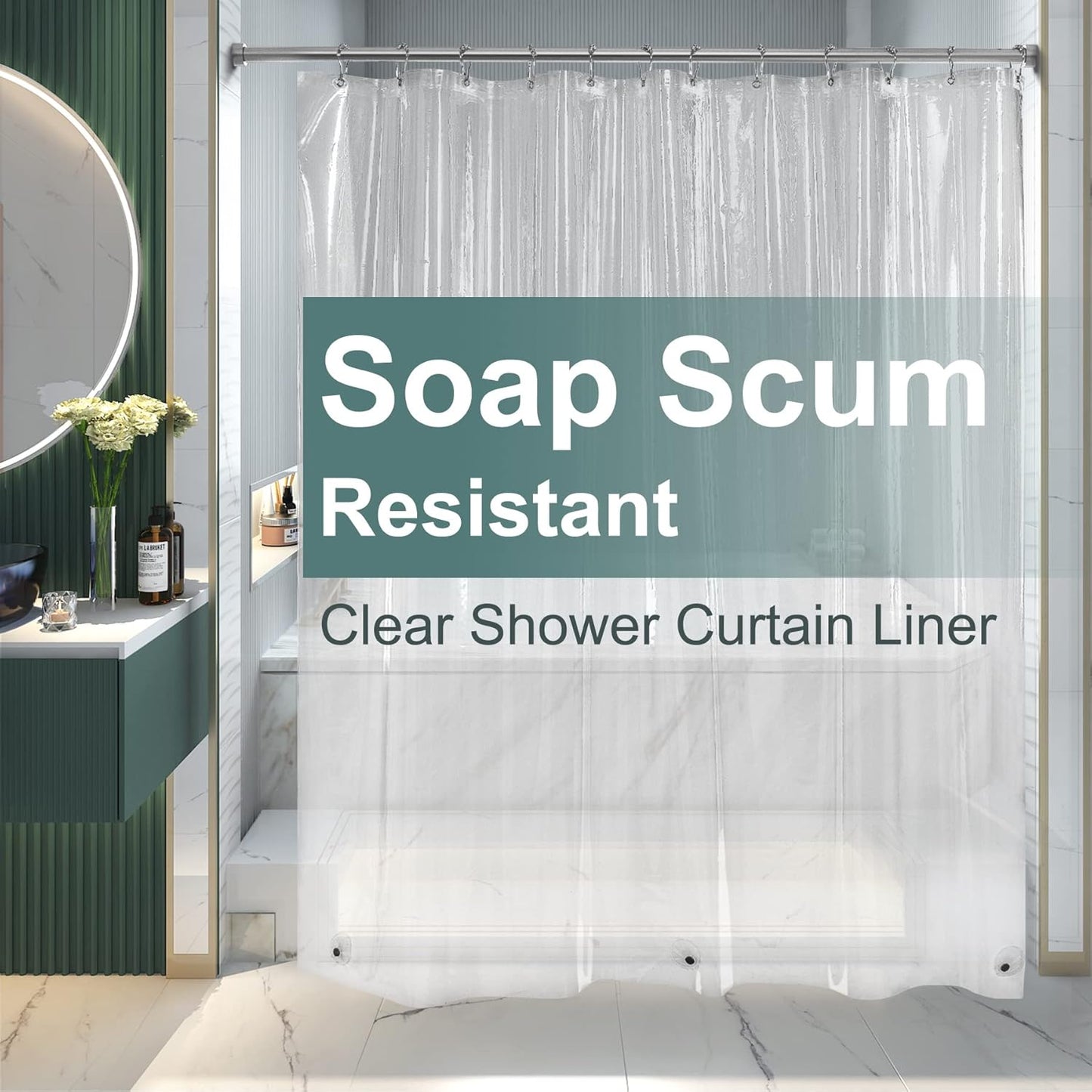 Shower Curtain Liner and Hooks Set- 12PCS Rust Proof Stainless Steel Shower Curtain Hooks Rings with bath 72X72 Clear Plastic Shower Curtain Liner