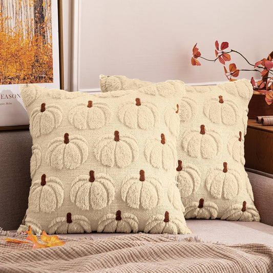 Fall Pumpkin Throw Pillow Covers Decor Set of 2 Beige Brown Stem 18 X 18 Decorative Cushion Covers Soft Plush Faux Fur Couch Pillows for Autumn Harvest Outdoor Porch Farmhouse Halloween Home