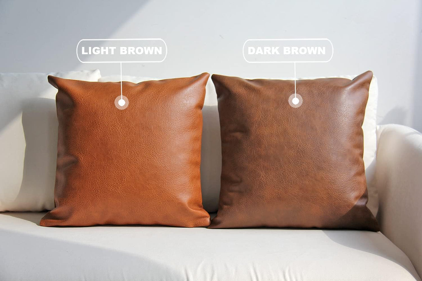 Modern Leather Throw Pillow Covers for Couch Sofa Bed Set of 2 100% Faux Leather Dark Brown 20" X 20"