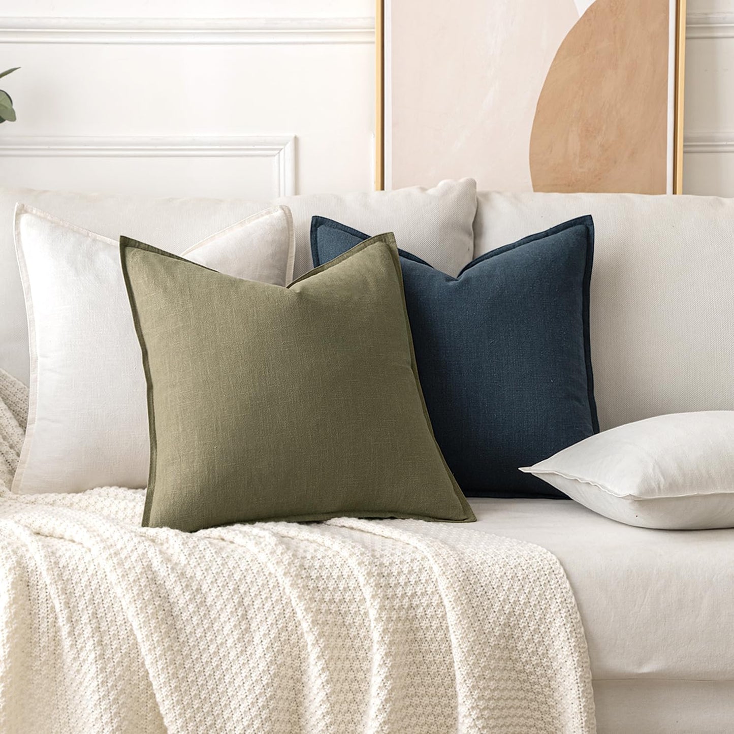 Decorative Linen Pillow Covers 18X18 Inch Cream White Boho Farmhouse Neutral Couch Throw Pillows Christmas for Bed Pack of 2 Accent Modern Pillowcase Sofa Livingroom Home Decor