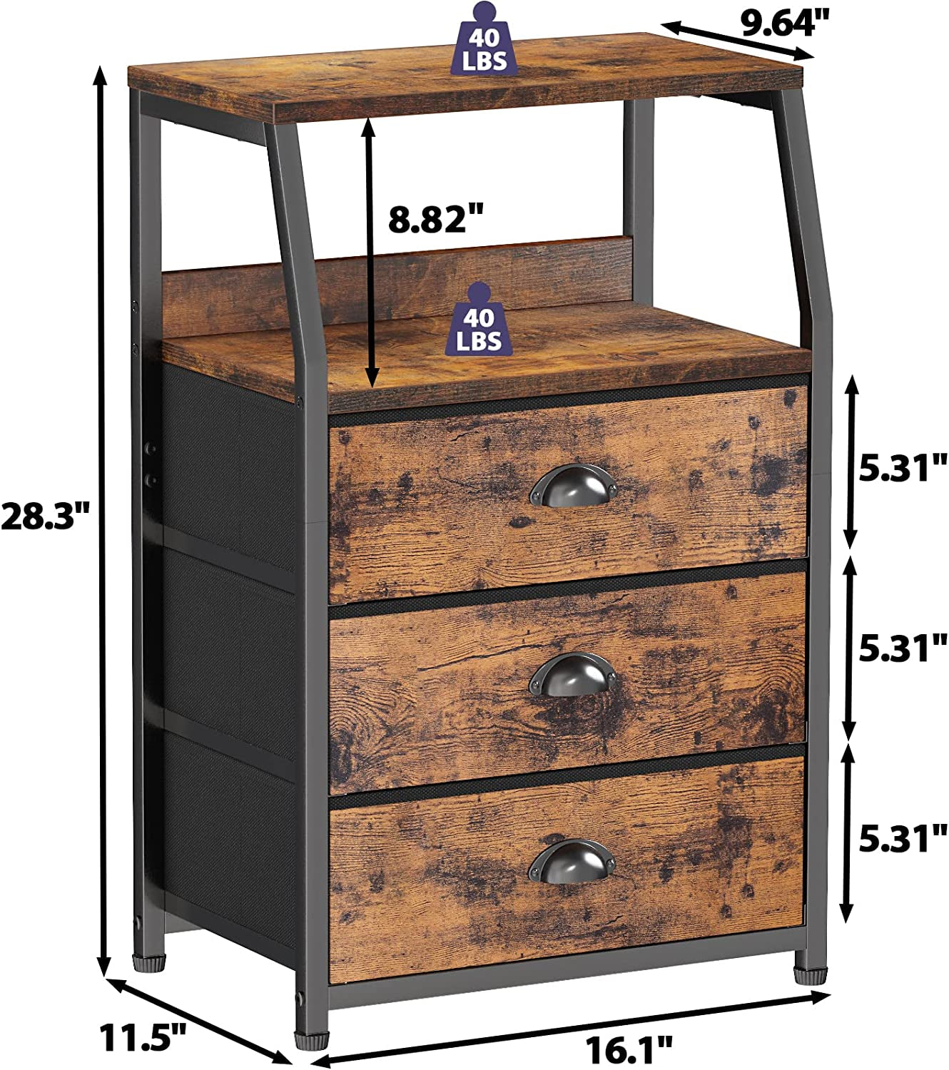 3-Drawer Nightstand with 2-Tier Shelf - Vertical Storage Organizer for Bedroom, Closet, Hallway, and Nursery - Sturdy Steel Frame with Wood Top