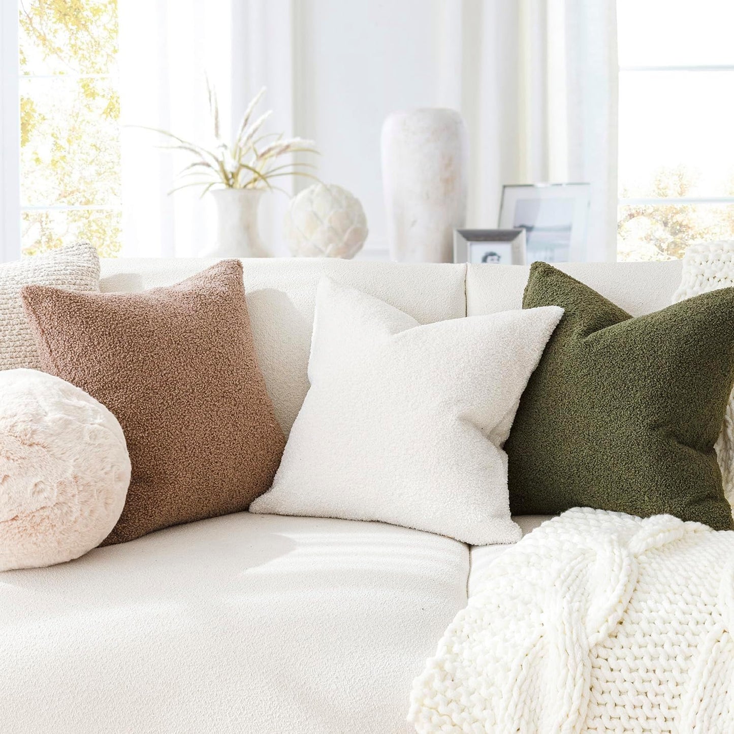 Pack of 2, Curly Faux Fur Decorative Throw Pillow Covers Soft Neutral Plush Cushion Case with Zipper Cozy Pillowcase for Home Living Room Couch Bed Sofa 16 X 16 Inch, Cream White