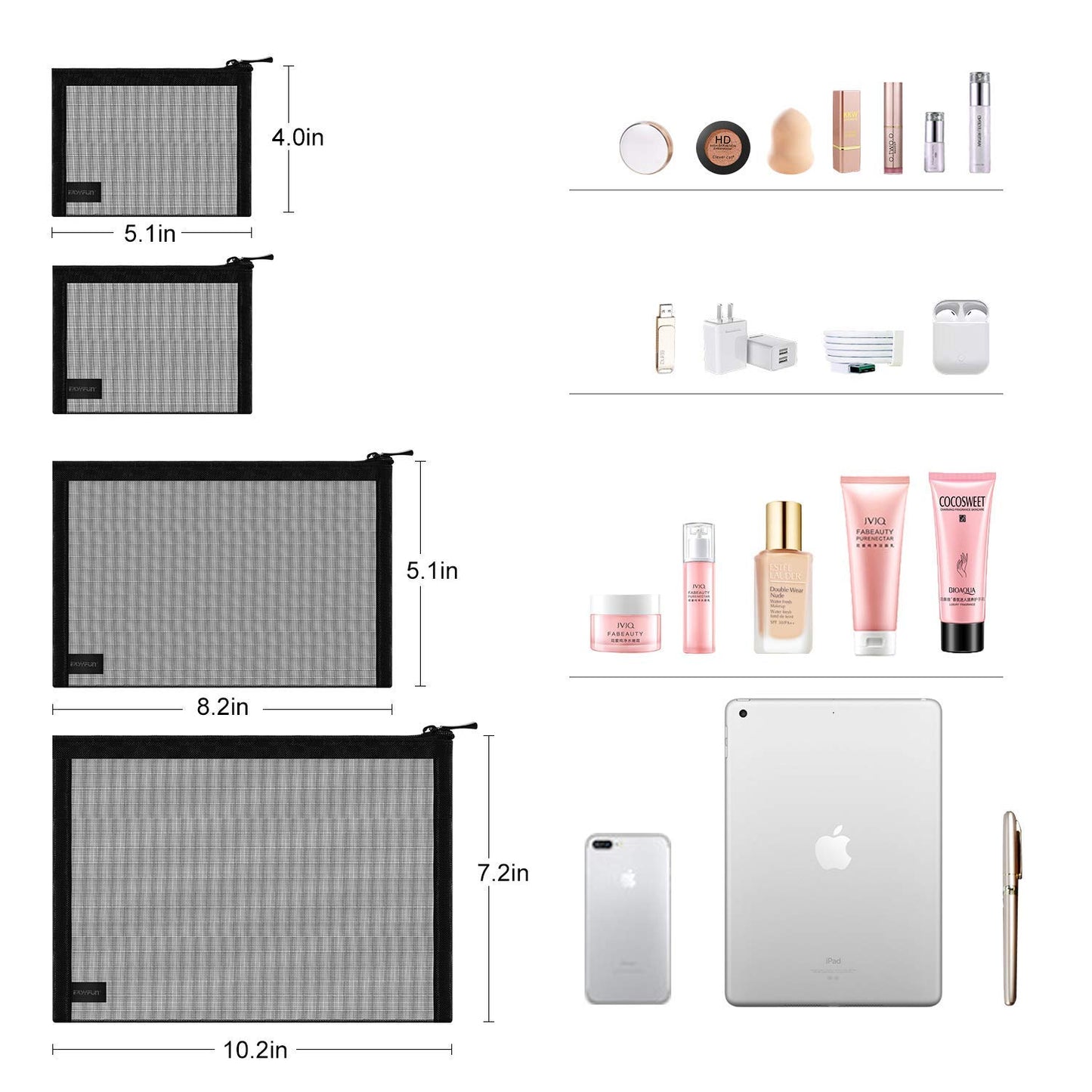 Mesh Pouch, Make up Bag with Zipper Cosmetic Organizer Pouch for Daily or Travel to Keep Small Items, 4 PCS Black