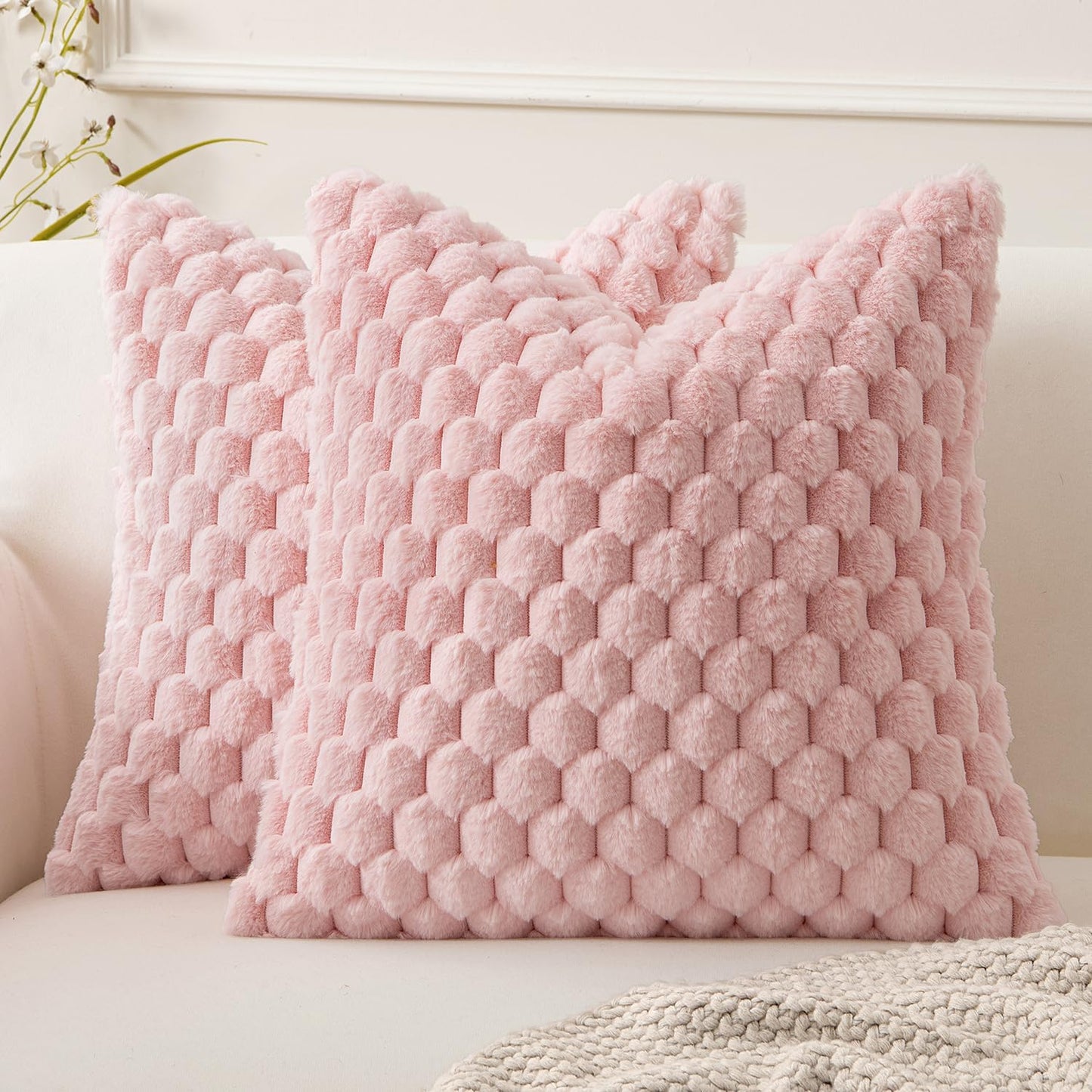 Pink Faux Fur Decorative Throw Pillow Covers 18X18 Inch Set of 2 Super Soft Cozy Plush Cushion Cases Luxury Fluffy Pillowcases for Sofa Couch Bed Living Room