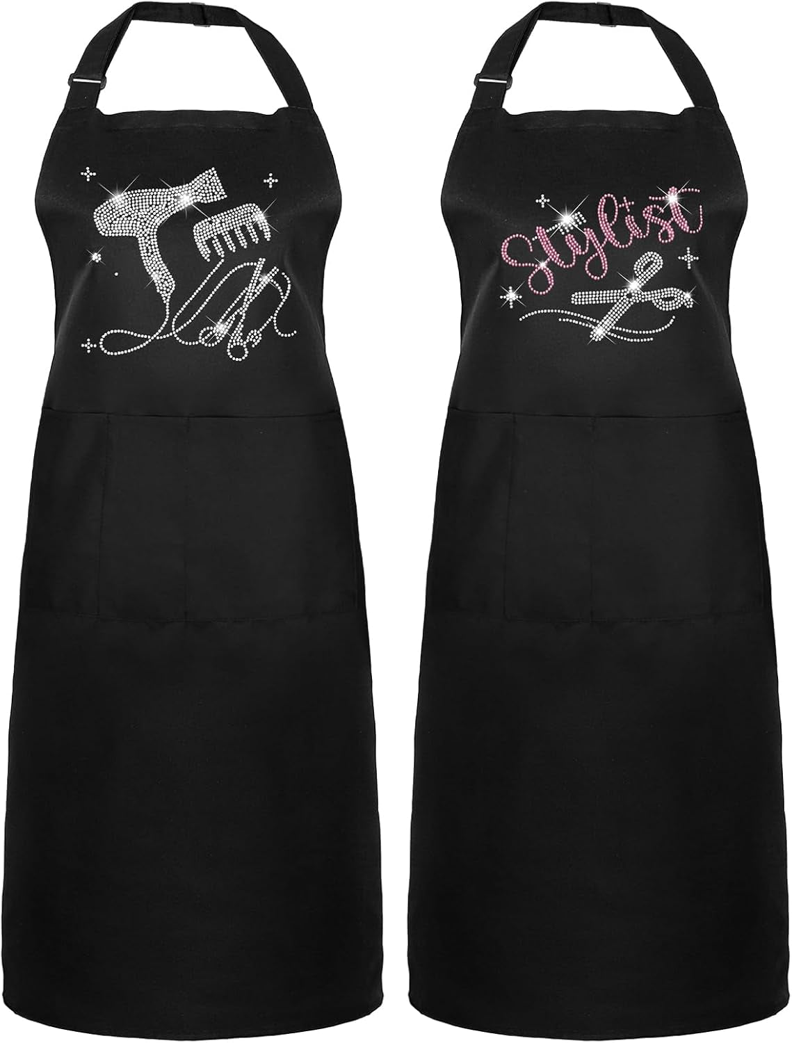 Auidy 6TXD 2Pcs Black Rhinestone Hair Stylist Apron, Classic Design with Three Pockets, Adjustable, Waterproof, Unisex-Adults