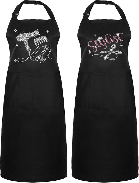 Auidy 6TXD 2Pcs Black Rhinestone Hair Stylist Apron, Classic Design with Three Pockets, Adjustable, Waterproof, Unisex-Adults