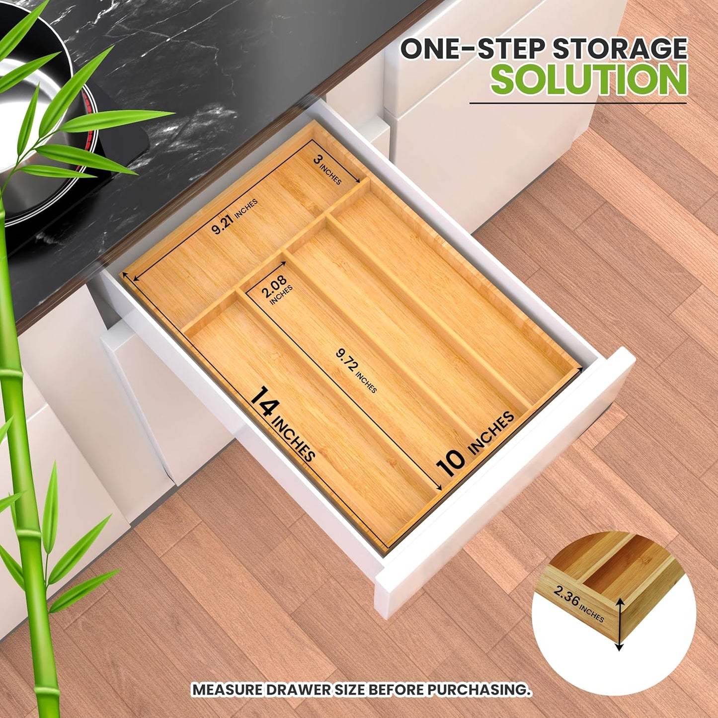 Silverware Organizer, Bamboo Utensil Drawer Organizer for Cutlery, Utensils & Flatware (5 Compartment, Natural) Pack of 1