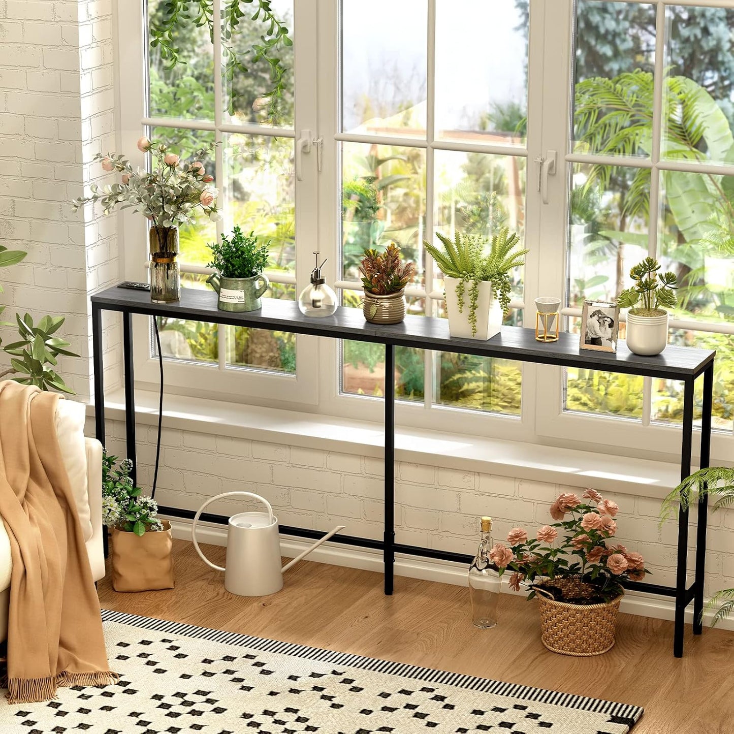 70-Inch Console Table with Built-In Charging Station, Narrow Entryway Hall Table in Charcoal Gray for Living Room Use