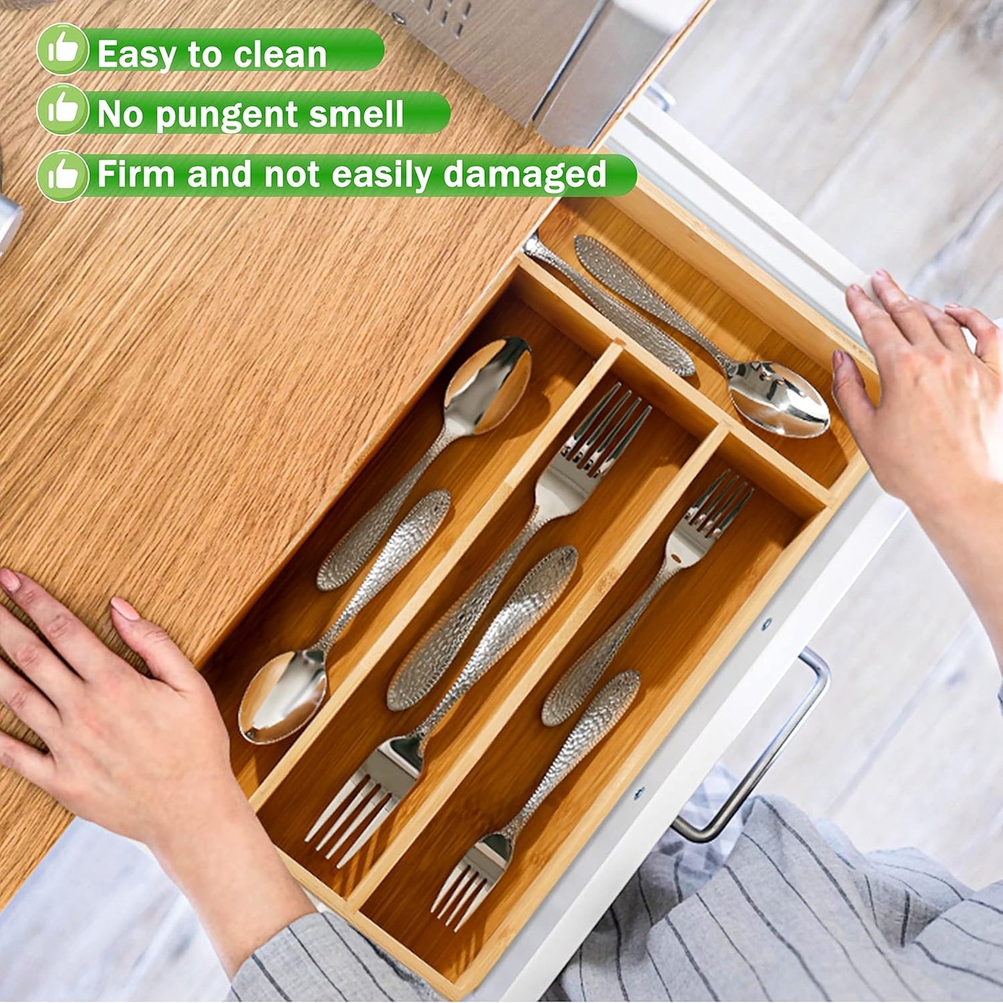 Silverware Organizer 10 in Utensil Organizer Silverware Tray for Drawer Cutlery Flatware Organizer for Kitchen Bamboo Wood