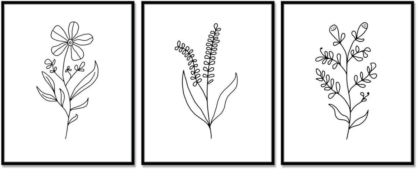 Minimal Line Botanical Prints, Flower Line Art Prints, Set of 3, Gallery Wall Art, Botanical Prints, Wild Flowers Art, Floral Line Art, Minimal Floral Decor, 11X14Inch Unframed