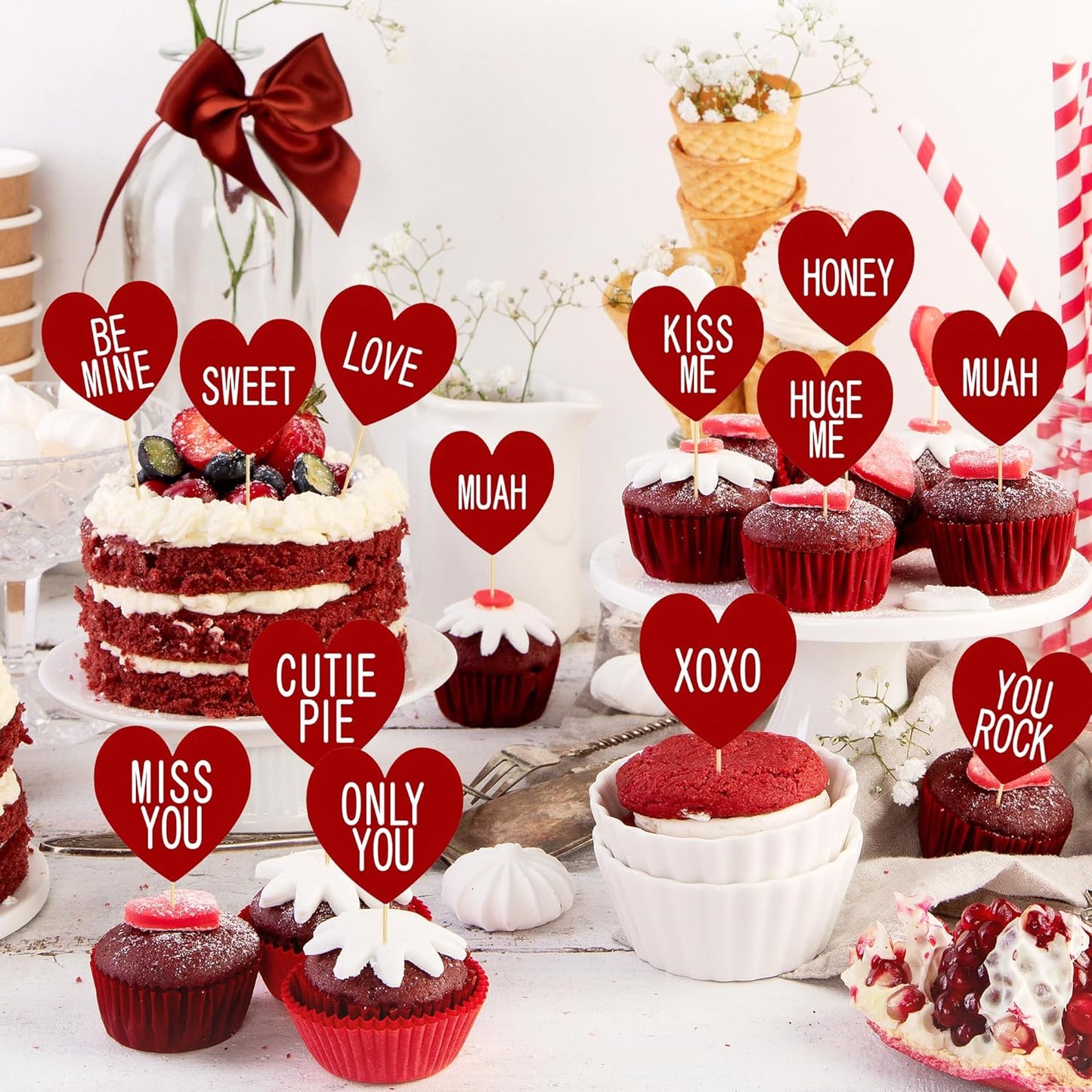 24 PCS Valentines Cupcake Toppers, 4.53 in Conversation Red Cake Toppers, "LOVE" "KISS ME" Design Heart Cupcake Toppers Valentines Day Cake Toppers, Wedding Cake Decor Valentine Cupcake Decorations