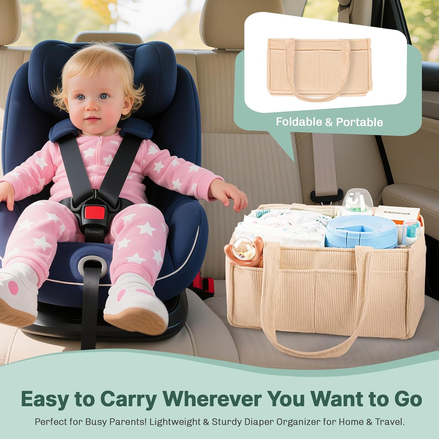 Baby Diaper Caddy Organizer - Portable Nursery Storage Basket for Newborn Essentials, Foldable Diaper Bag Organizer for Baby Shower Gifts and Registry Must-Haves, Car Organizer with Dividers (Brown)