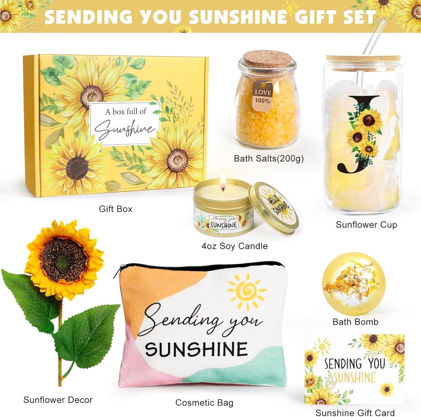 Sunflower Initial Gifts, Get Well Soon Gifts, Self Care Spa Birthday Gifts for Women Monogrammed Gifts, Sunshine Gift Baskets, Personalized Gifts, J