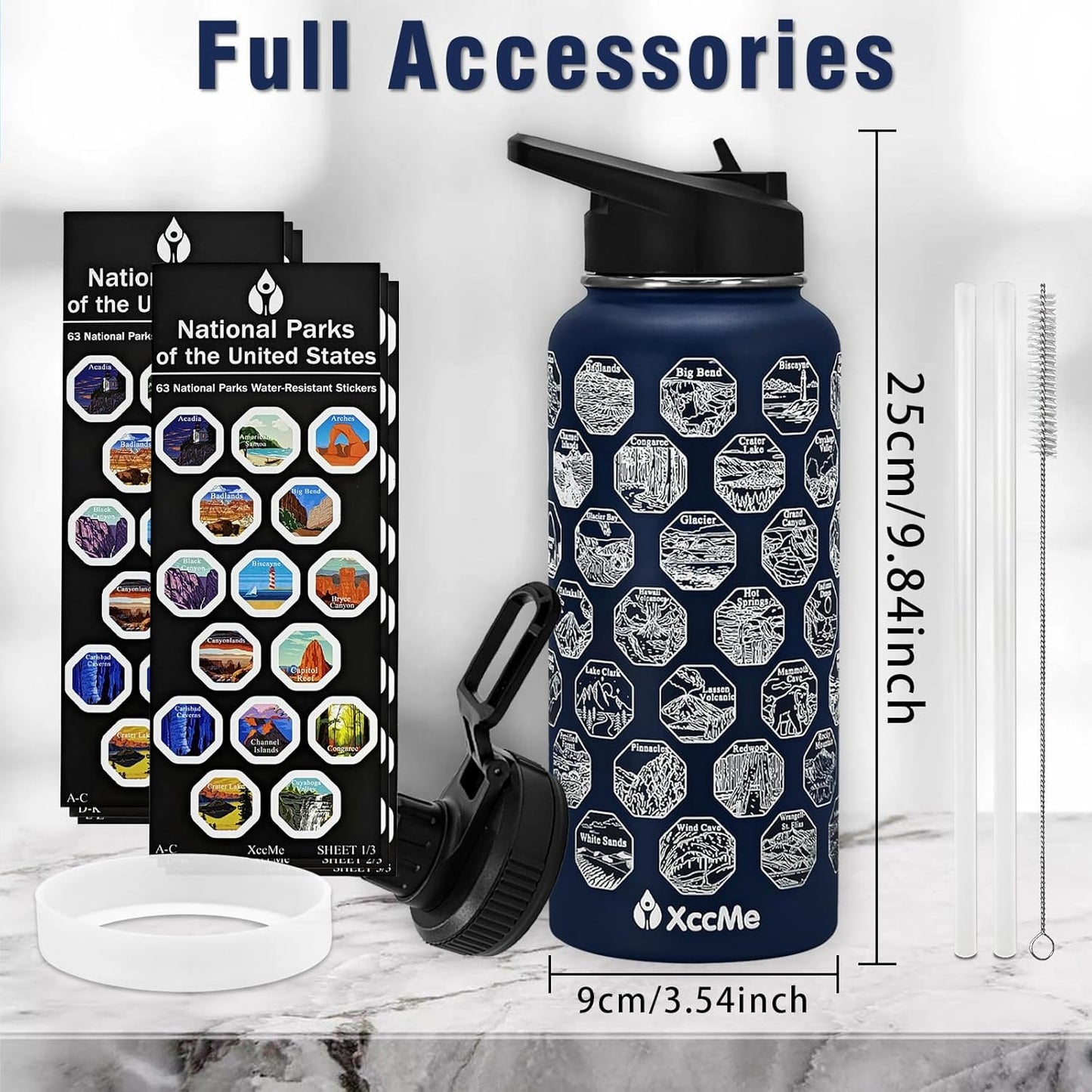 National Parks Water Bottle with Stickers,32 Oz Stainless Steel Insulated Water Bottle with Straw,2 Lids,Leak Proof Metal Water Cup for Hiking,Travel,Sports,Camping,Wide Mouth Bottle