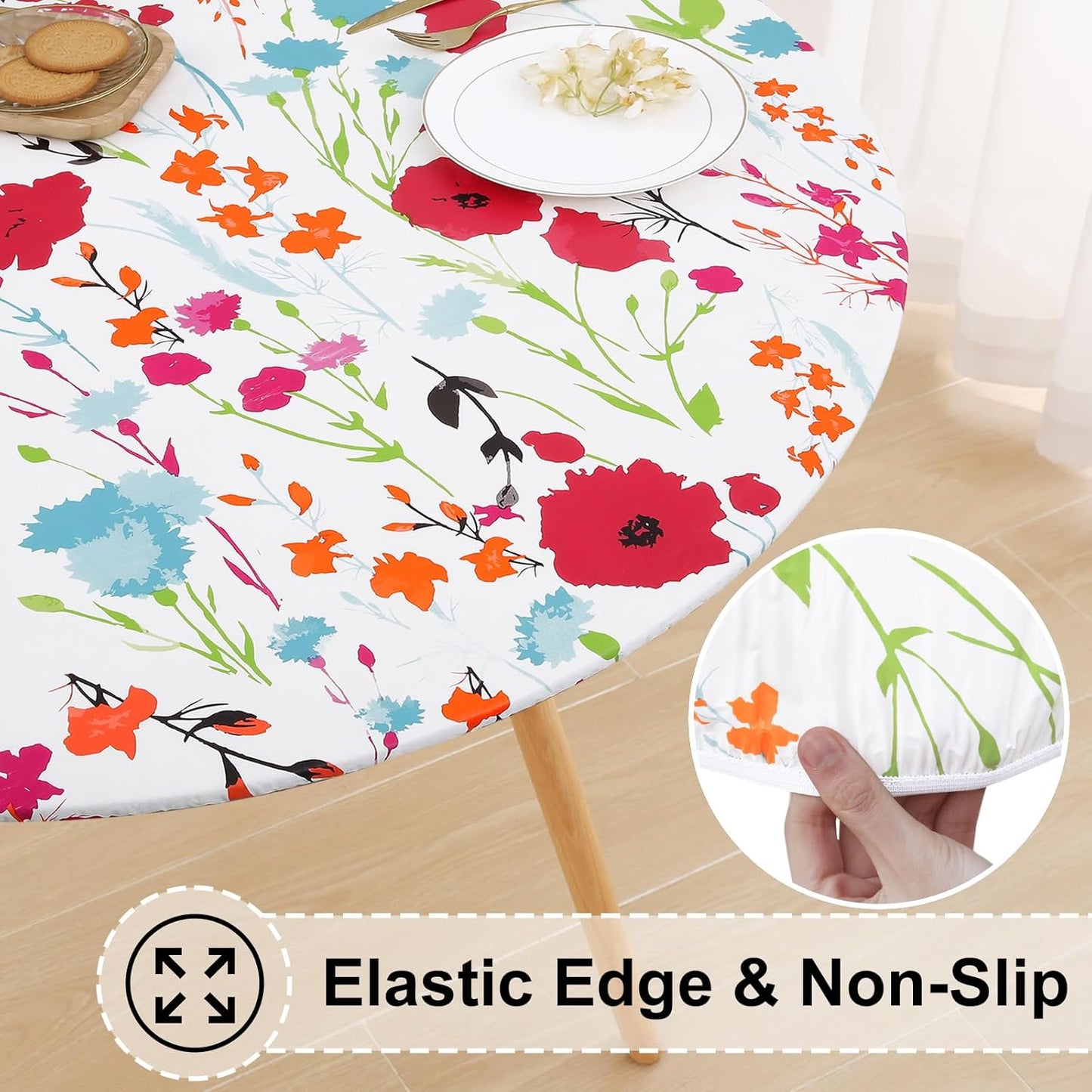 round Fitted Tablecloth with Elastic Edge, 100% Waterproof Oil Proof Plastic Table Cover, Vinyl Flannel Backed Tablecloth Fits 36"-44" round Tables for Dinner, Outdoor, Picnic, Flowers