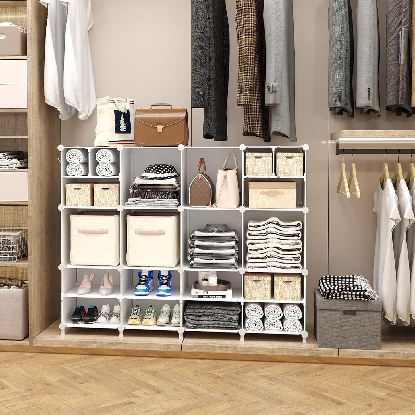 Cube Storage Organizer Closet Storage 12 Cube Shelves, Large and Small Cubes, DIY Portable Closet Clothes Storage Shelfs for Home, Bedroom, White