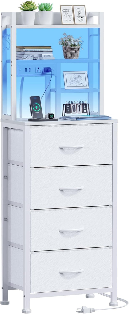 Tall LED Nightstand with Charging Station, USB Ports, 4 PVC Fabric Drawers, and 4-Tier Storage Shelf - Versatile Bedside Table for Bedroom, Dorm, or Office (White)