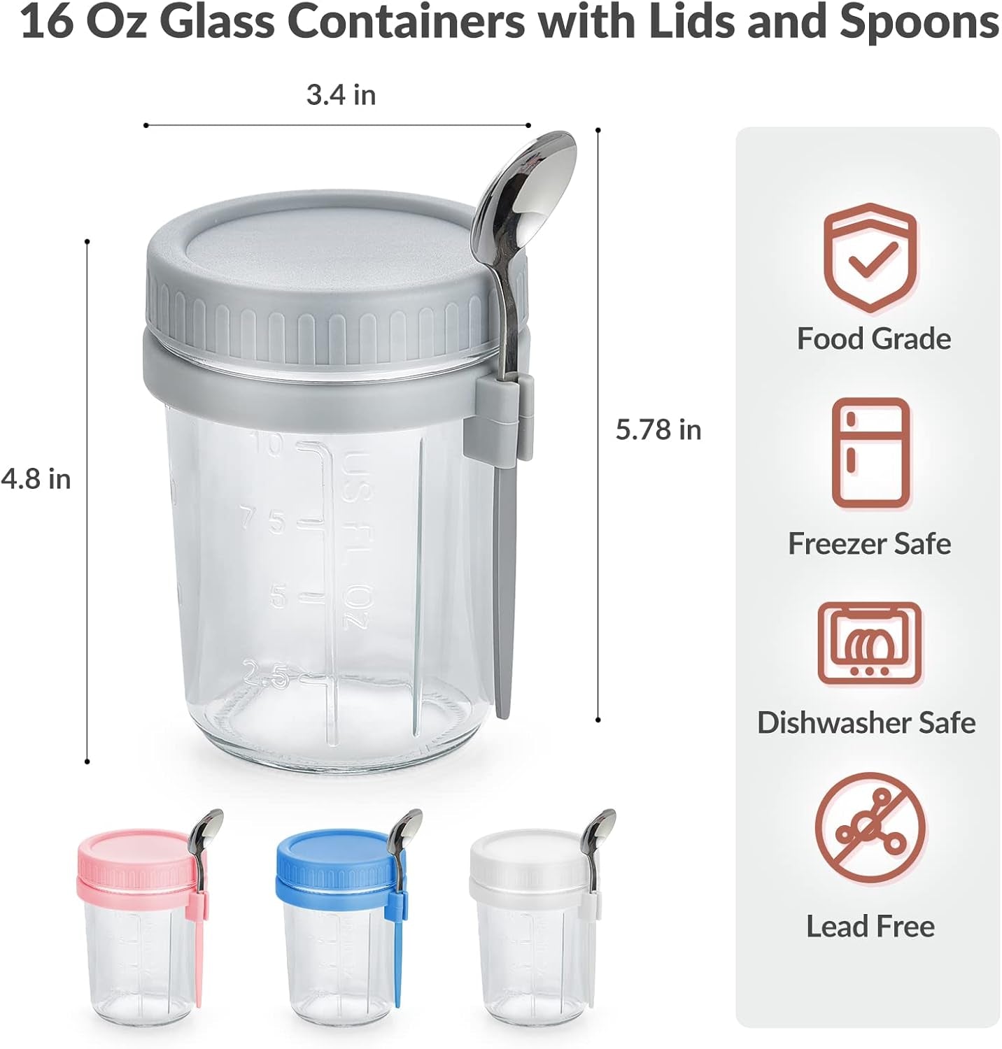 Set of 4 Leak-Proof 16 Oz Glass Mason Jars with Lids and Spoons for Overnight Oats, Cereal, Fruits, Vegetables, Milk, Salad, Yogurt, and Meal Prep