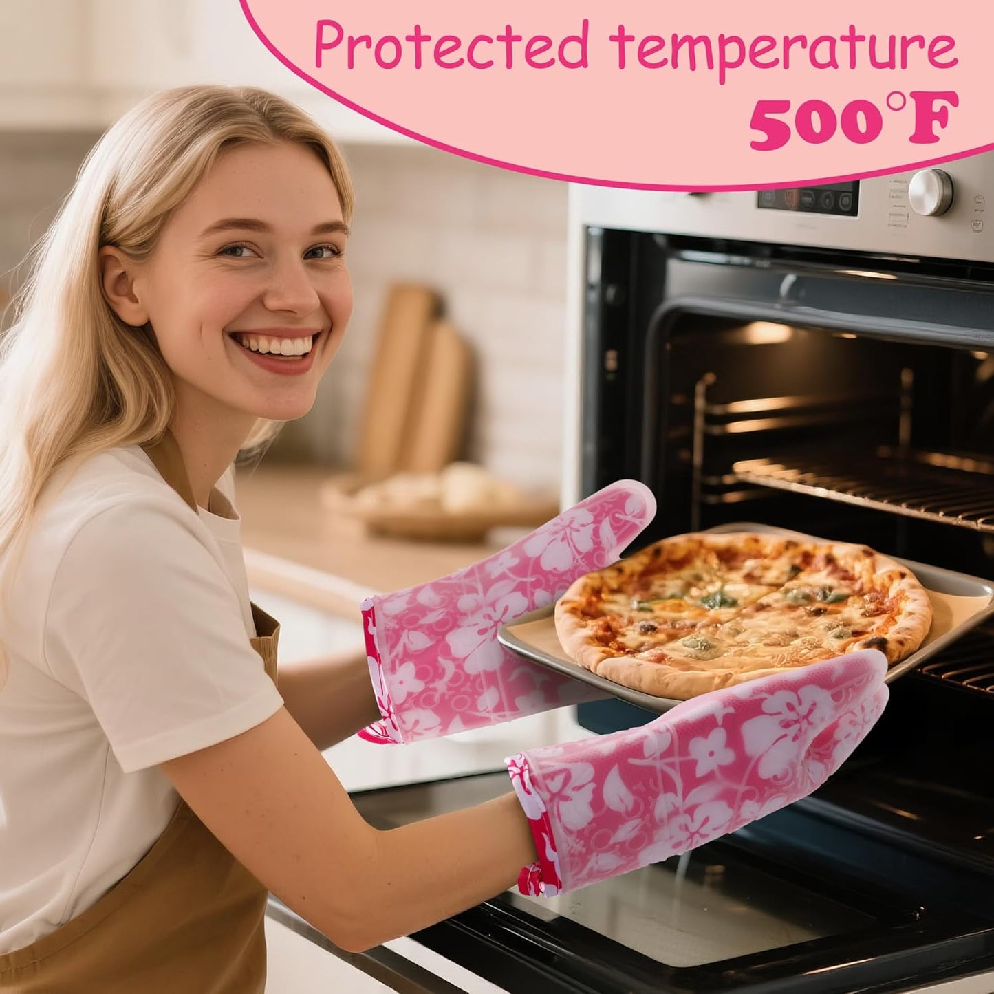 6PCS Pink Oven Mitts and Pot Holders Towels Set,Heat Resistant with Non-Slip Silicone Surface Baking Gloves,Applies to Grilling and Cooking Cute Kitchen Accessories and House Decor