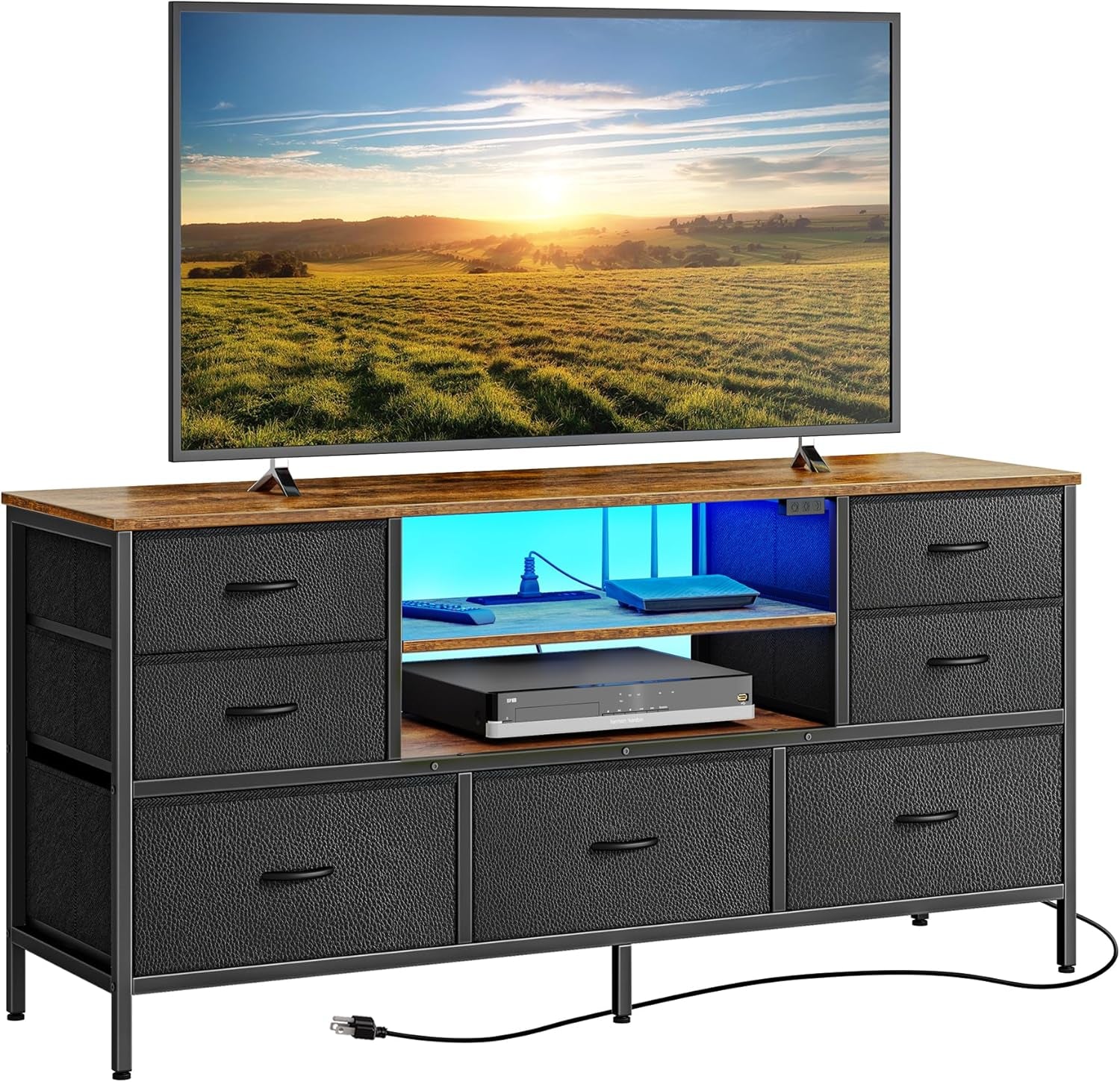 Rustic Brown and Black TV Stand Dresser with Power Outlets, LED Lighting, and 7 Drawers - 47 Inch Console